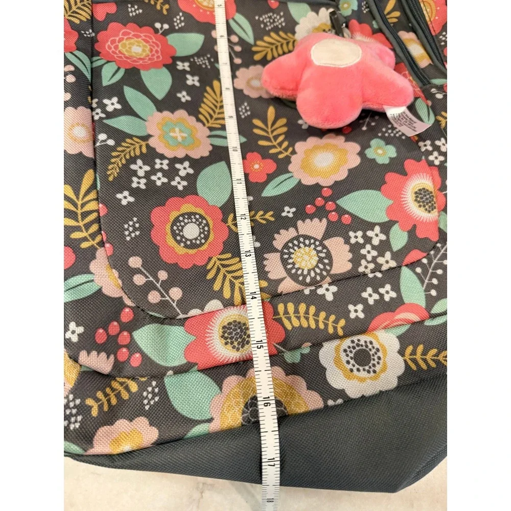 Crckt Kids Floral Backpack Gray Pink School Bag with Flower Keychain 16 inch